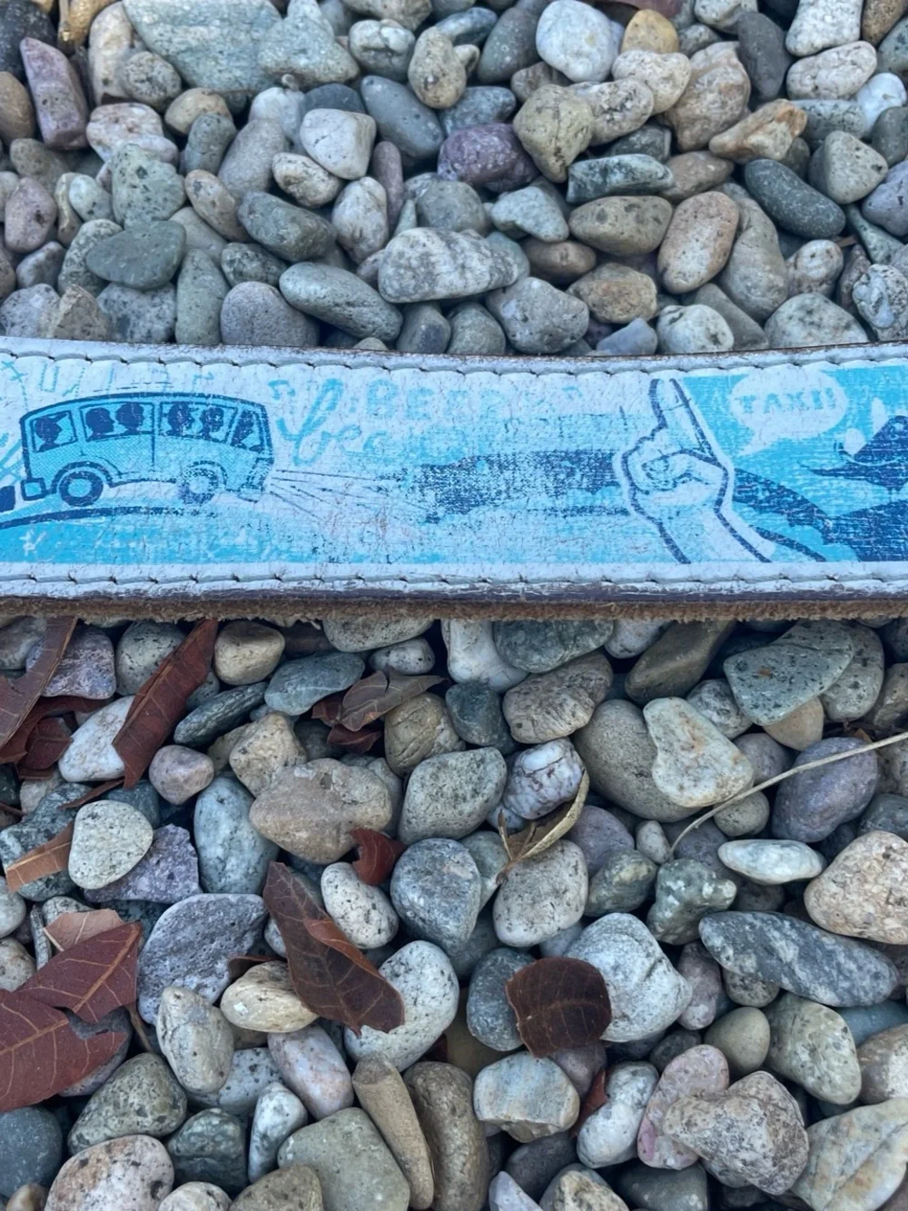 Vintage 80s blue and white FFLY Hope project leather belt with silver buckle.